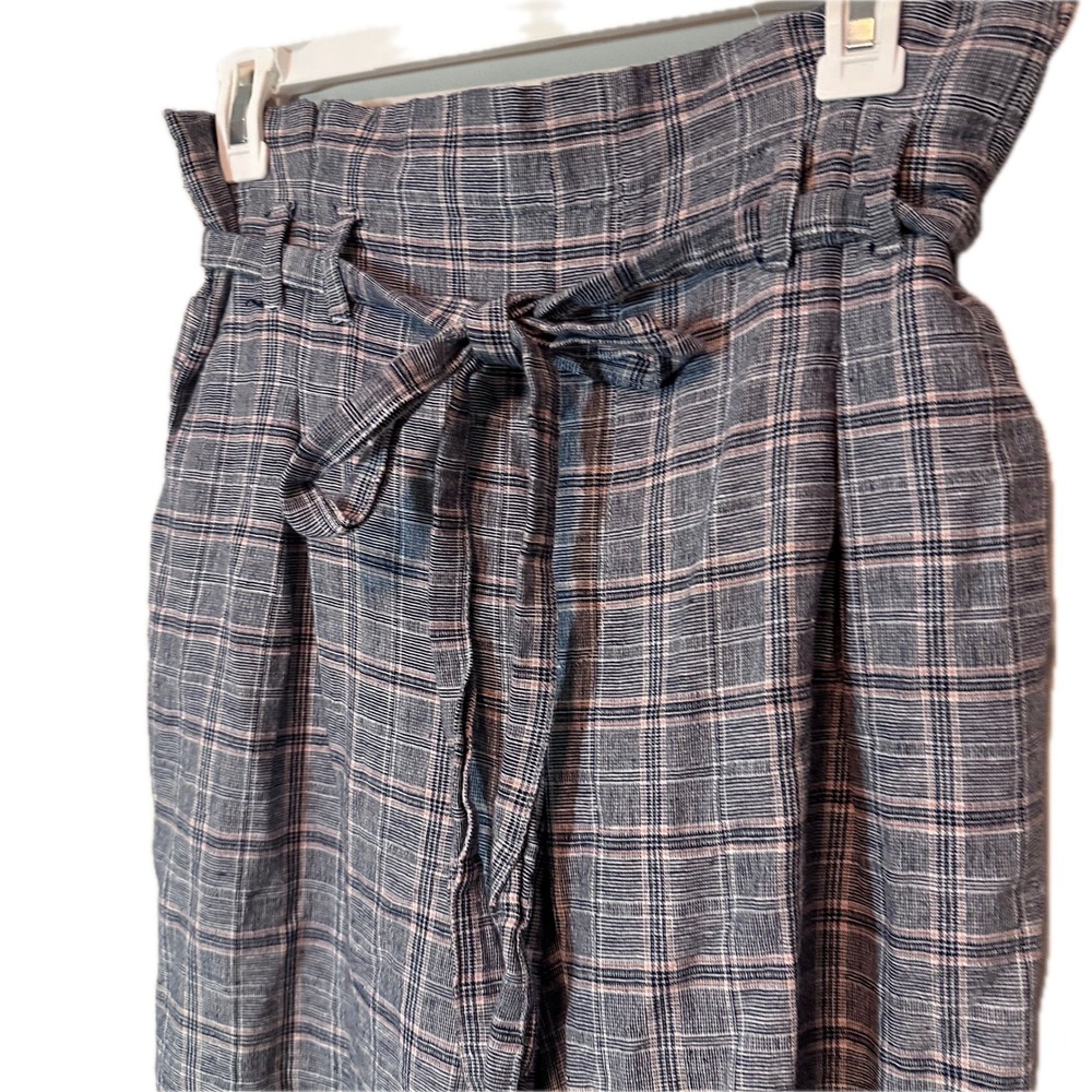 American Eagle Blue Pink Plaid Paperbag Waist Cotton Linen Tapered Pants Medium